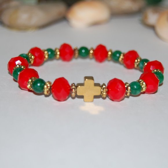 Cross Bracelet,Holiday Season Bracelet,Red and Green Bracelet,Golden Cross Brace - Picture 2 of 3